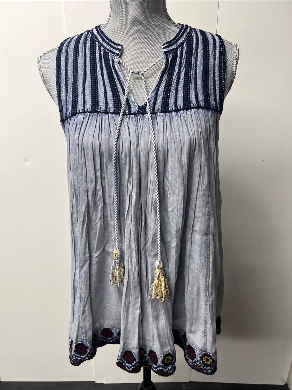 Rachel Zoe Blue and Navy Striped Yoke Sleeveless Tassel Top.